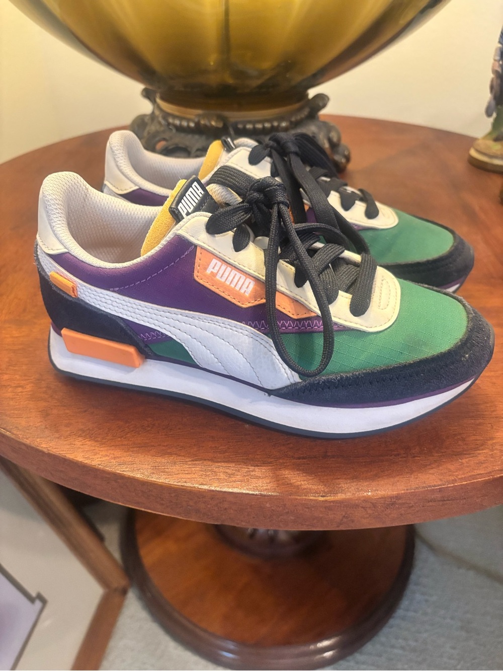 Puma Kids Low-Top Sneakers in Green/Purple/White with Orange Accents